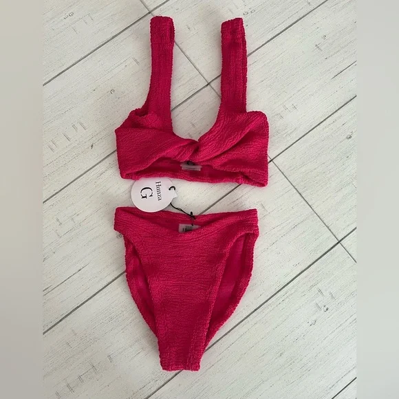 Hunza G Juno Two Piece Crinkle Bikini Swim Set Raspberry Pink NWT OS - Picture 9 of 16